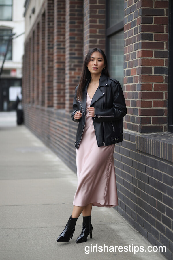 Black Leather Jacket Over Pink Slip Midi Dress