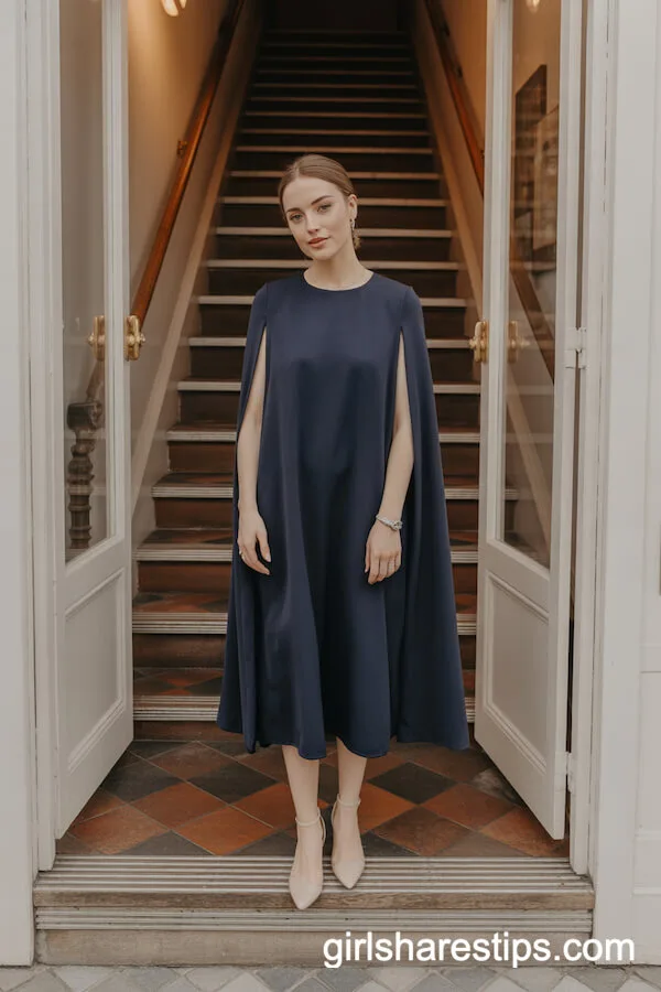 Elegant Navy Cape Dress With Nude Heels