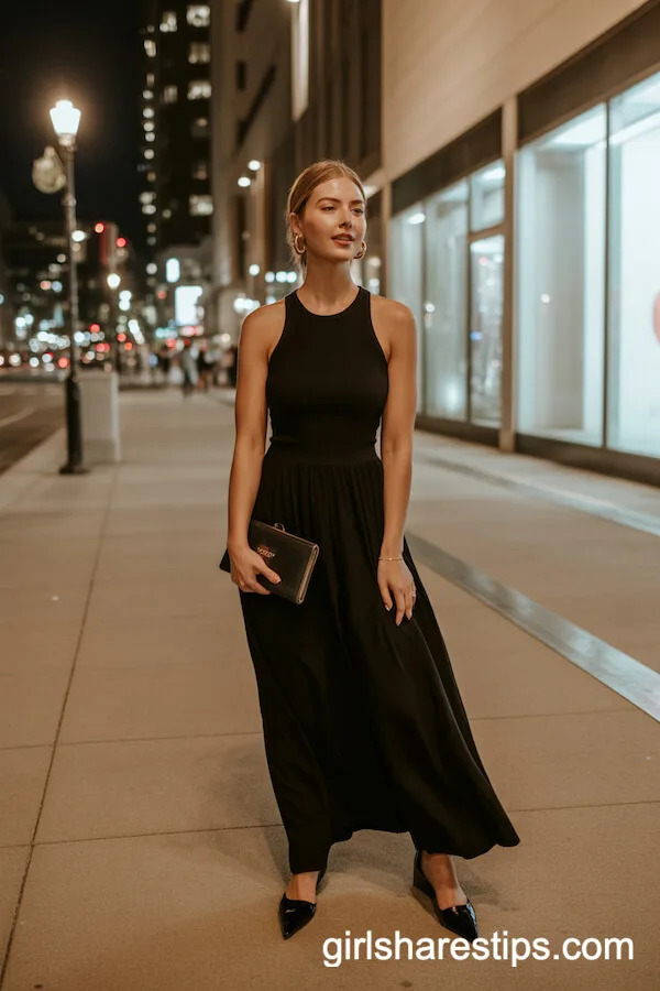 Minimalist Black Maxi Dress With Sleek Accessories