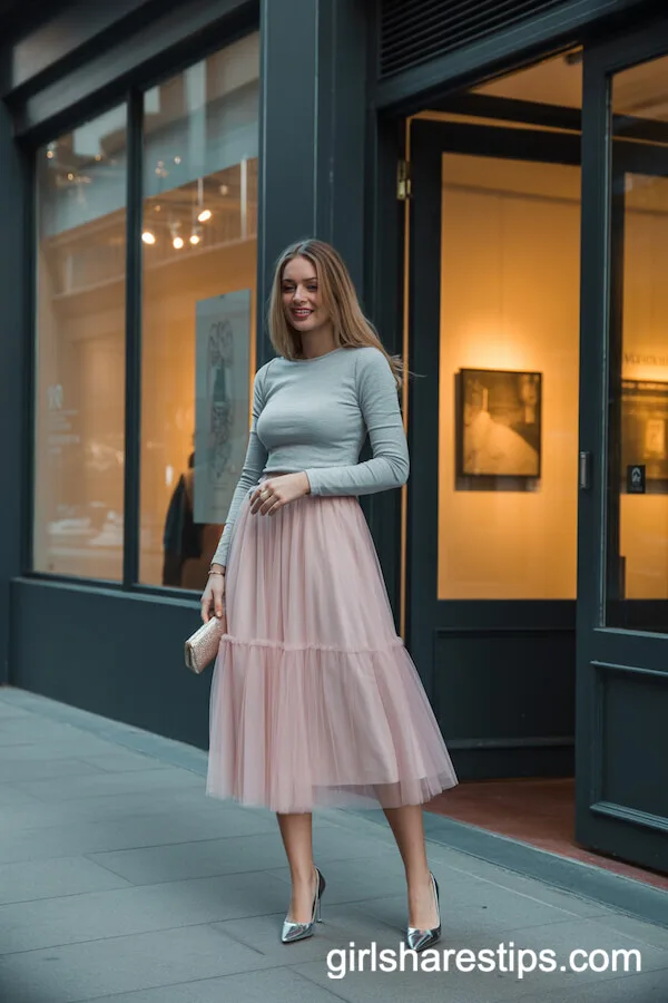 Grey Fitted Top With Blush Tulle Midi Skirt