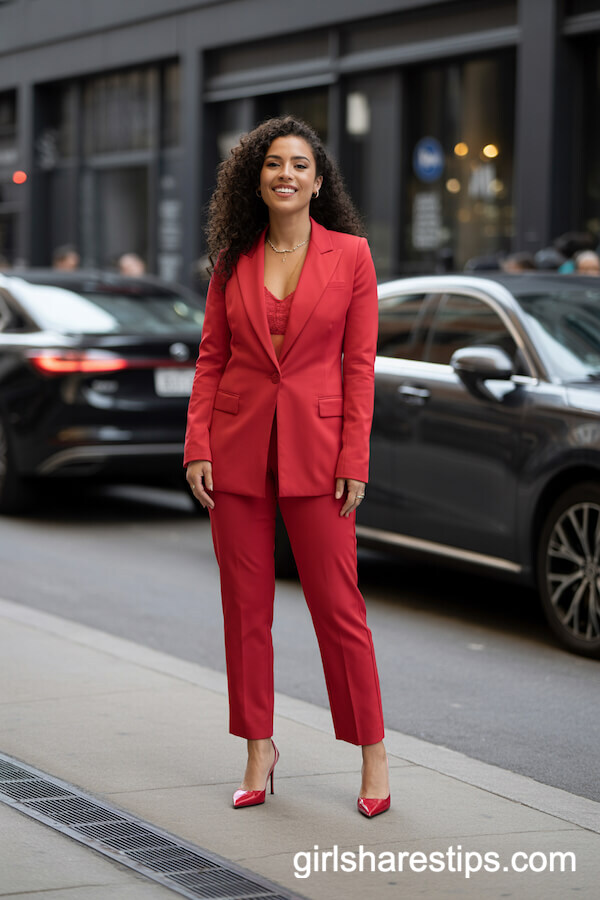 Bright Red Tailored Pantsuit and Matching Stilettos
