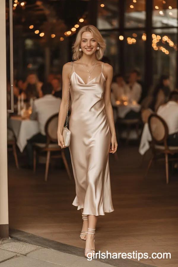 Champagne Satin Slip Dress and Pearl Accents