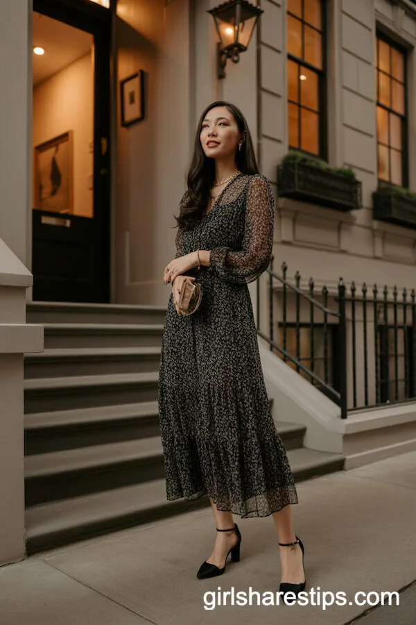 Dark Floral Maxi Dress With Elegant Details