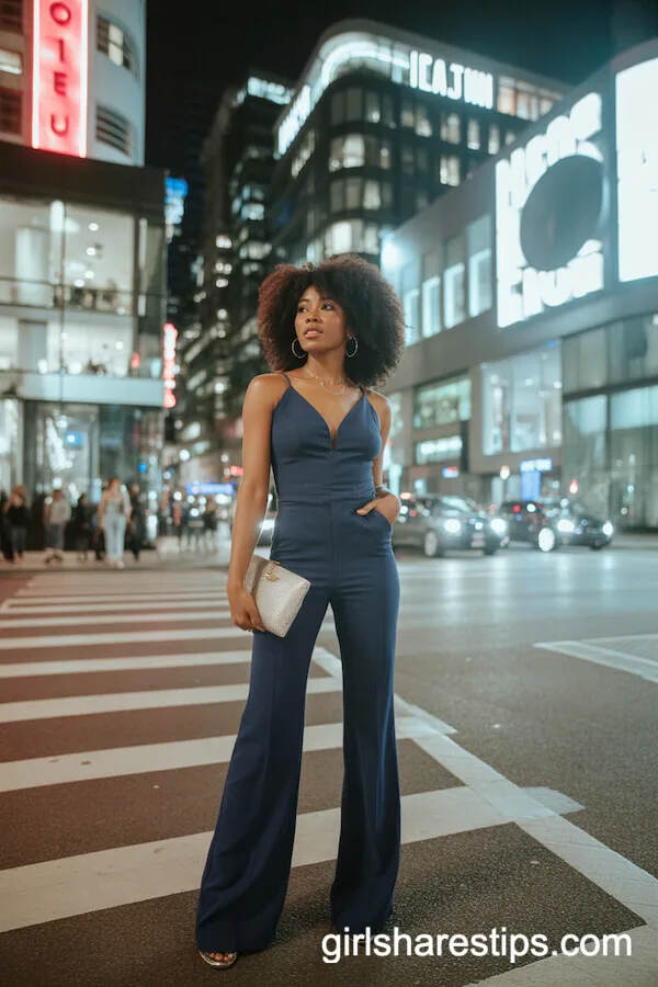 Navy Jumpsuit With Wide Legs and Stylish Clutch