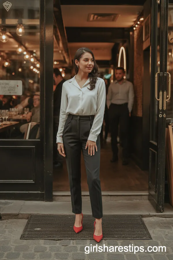 Crisp White Blouse Paired With Tailored Black Trousers