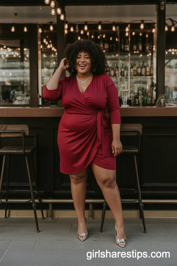 Deep Red Wrap Dress With Gemstone Jewelry