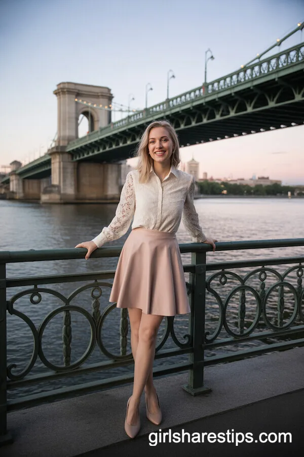 Cream Lace Blouse and Blush A-Line Skirt Ensemble