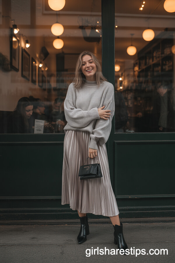 Chunky Sweater Tucked Into a Satin Pleated Midi Skirt