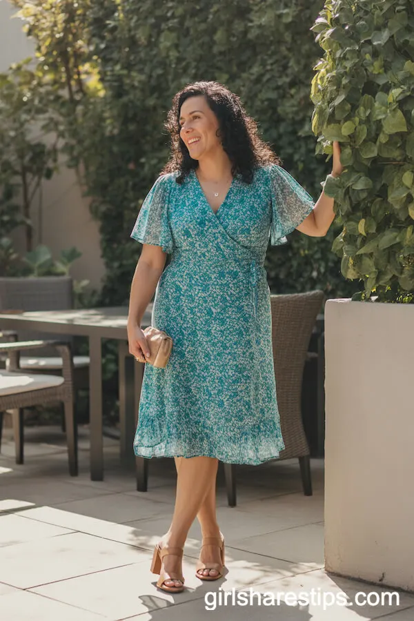 Teal Floral Wrap Dress Block-Heel Sandals