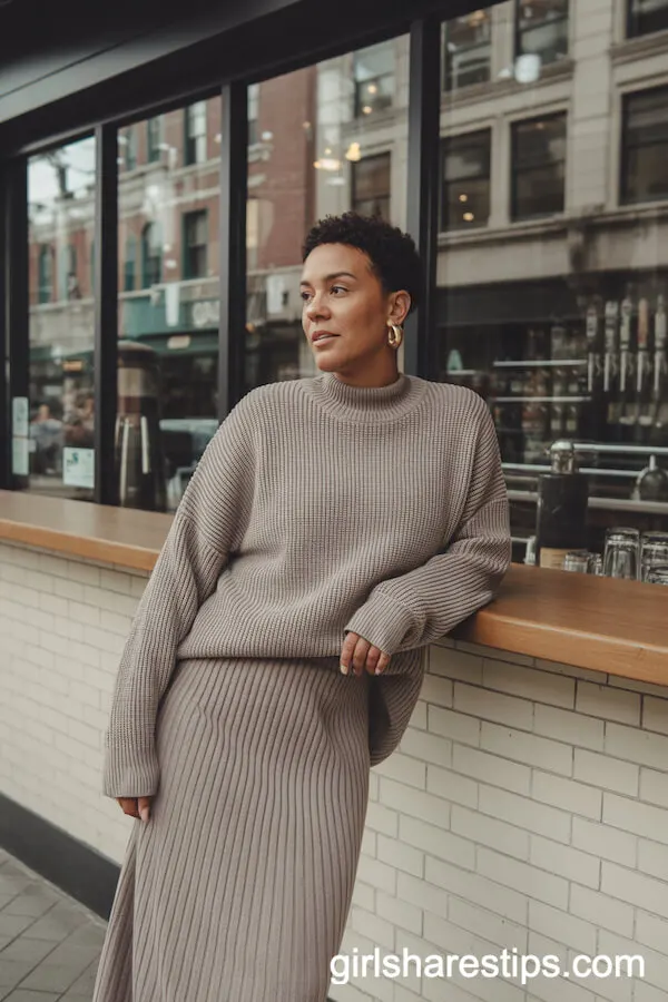 Taupe Monochrome Knit Skirt Set