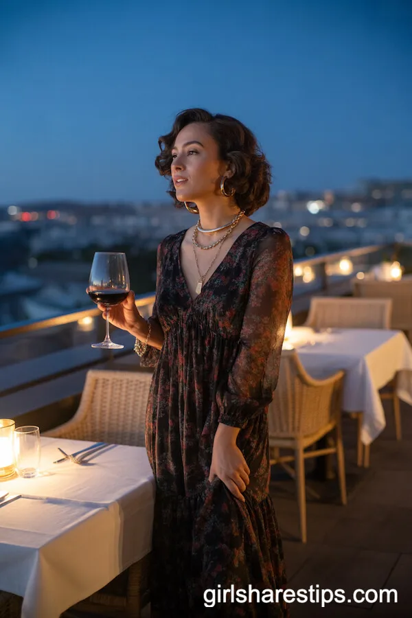 Dark Floral Maxi Dress with Layered Gold Necklaces