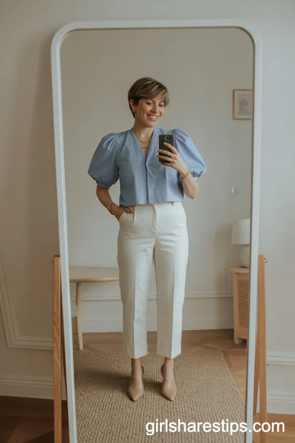 Powder Blue Puff Sleeve Blouse and White Cropped Pants