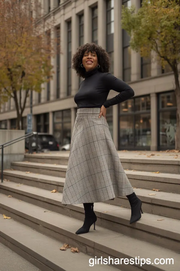 Plaid Midi Skirt Styled with Black Turtleneck