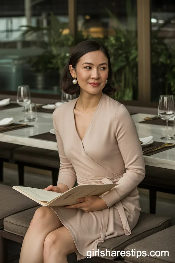 Beige Cashmere Wrap Dress with Pearl Earrings