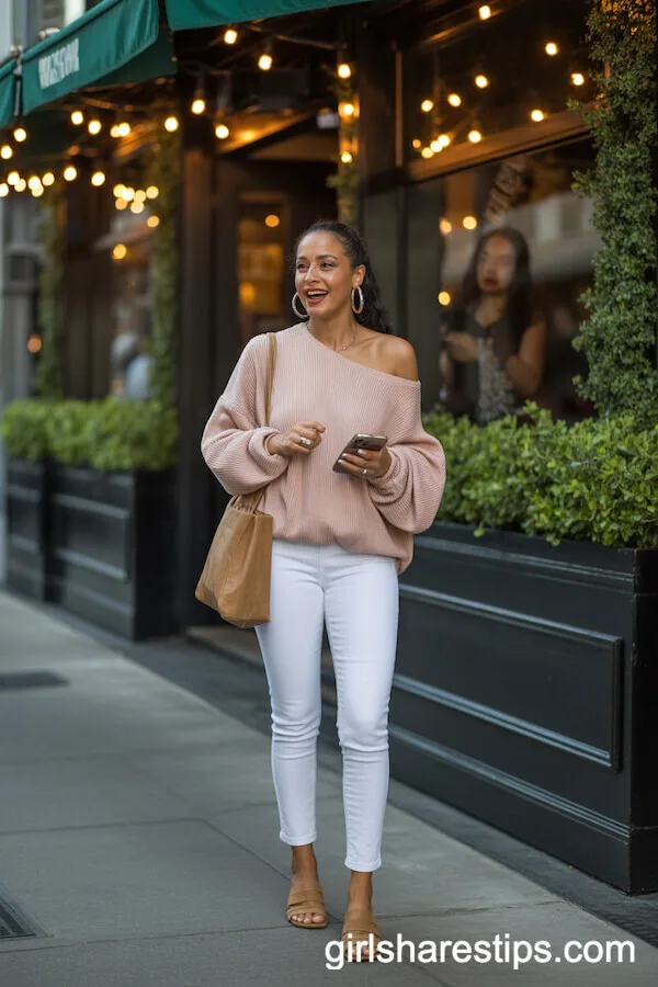Blush Off-the-Shoulder Sweater White Skinny Pants