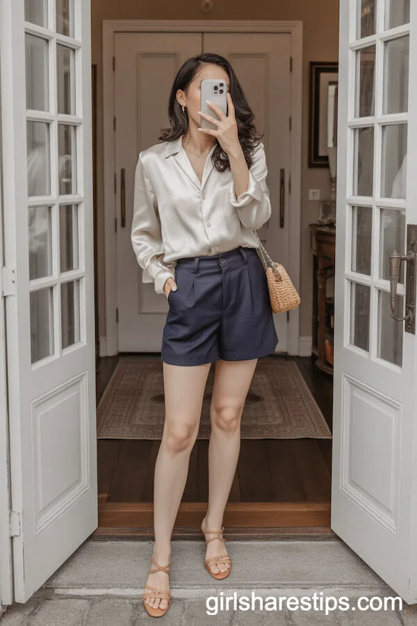 White Satin Blouse with Navy Tailored Shorts