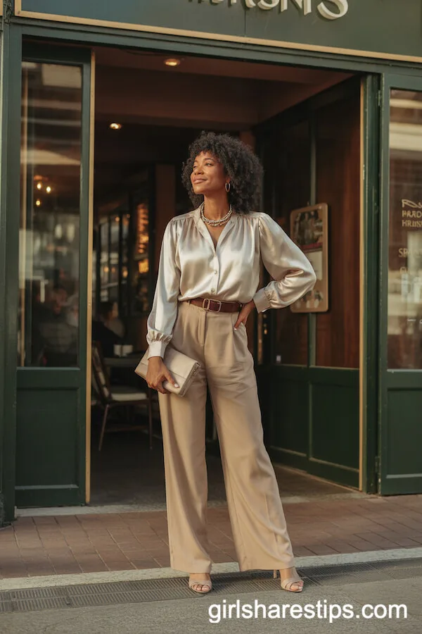 High-Waisted Wide-Leg Pants and Silk Blouse Elegance