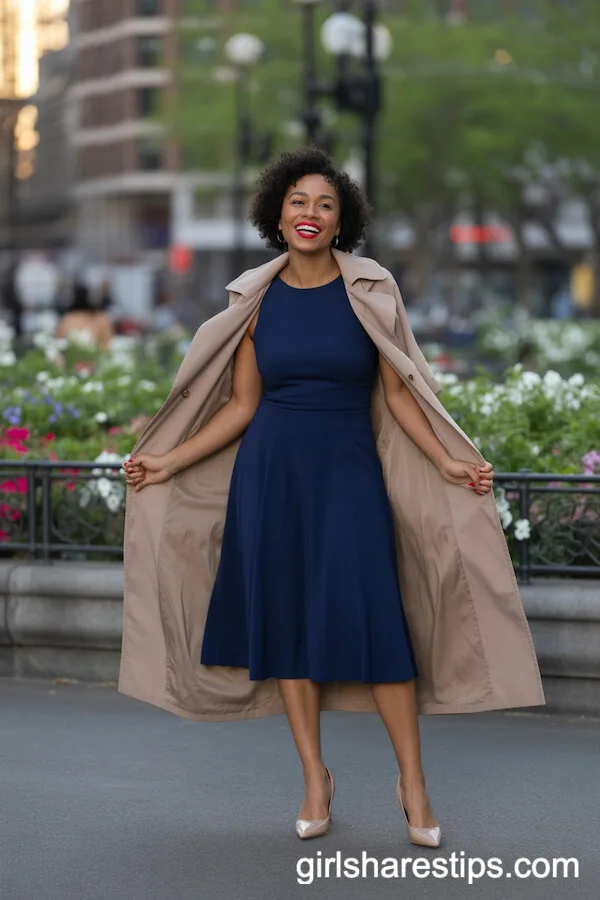 Navy Fit-and-Flare Dress with Classic Trench Coat