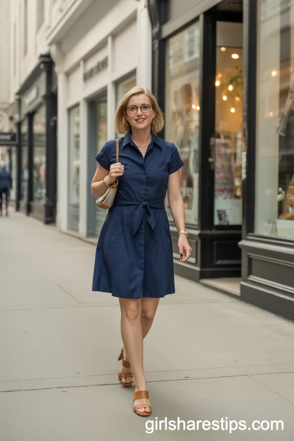 Smart Navy Shirt Dress with Tie Waist