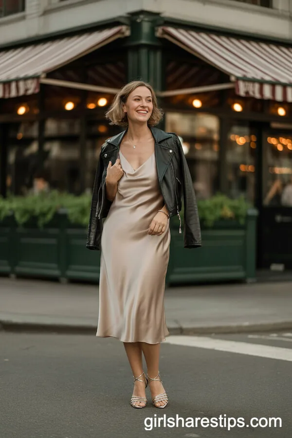 Satin Slip Dress with Leather Jacket Layering
