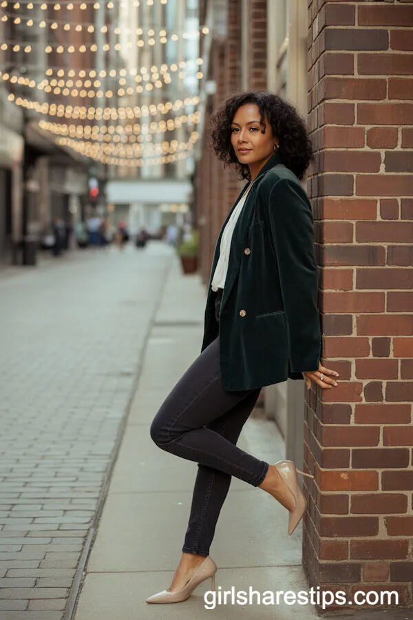 Velvet Blazer and Skinny Jeans Street Style