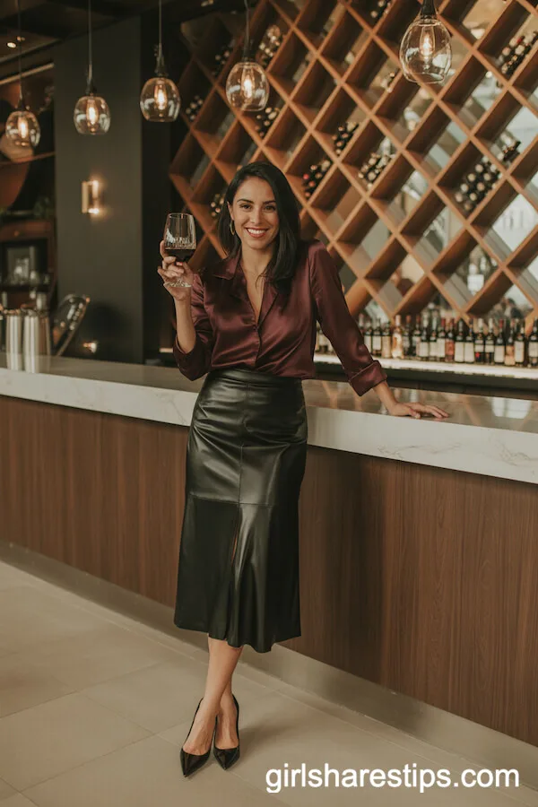 Burgundy Satin Blouse and Leather Midi Skirt