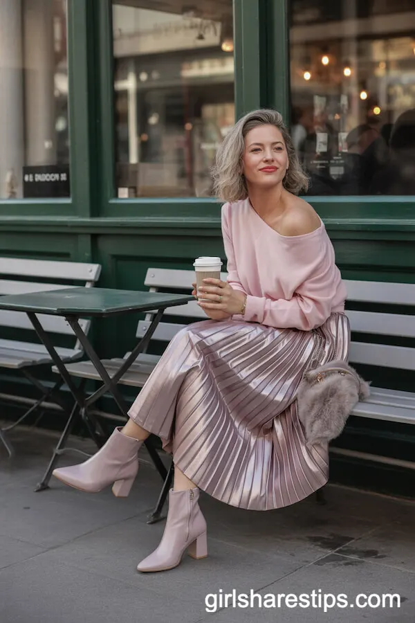 Metallic Pleated Skirt with Off-Shoulder Sweater