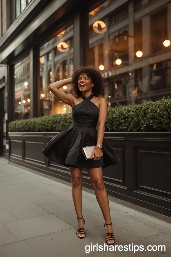 Black Cocktail Dress and Strappy Heels Classy Dinner Outfit