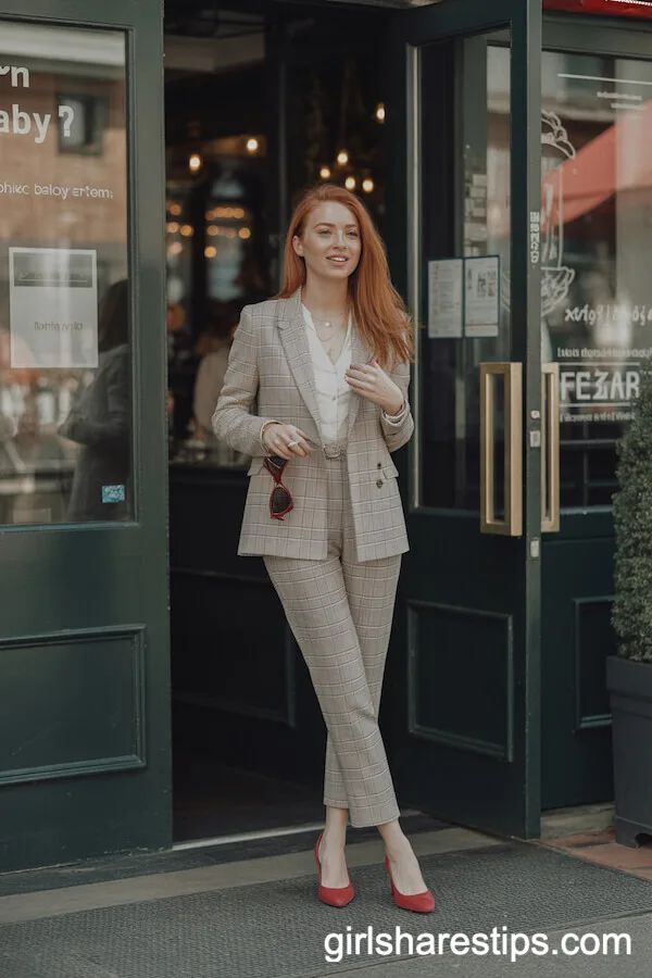 Plaid Pantsuit and Red Suede Heels Business Dinner Style