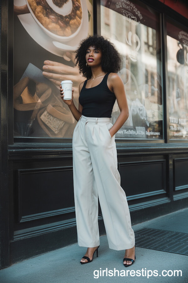 Wide-Leg White Trousers and Black Tank Trendy Dinner Look