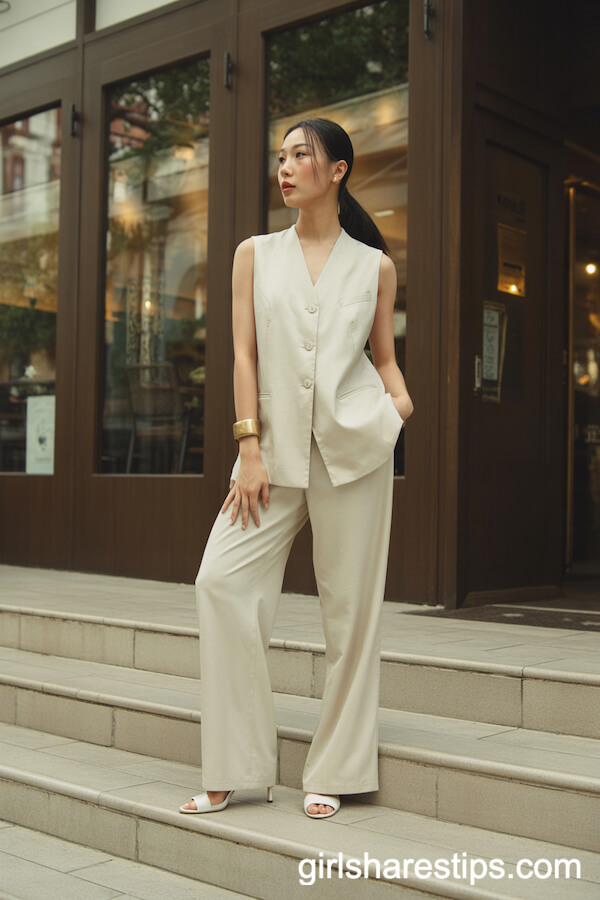Cream Pants and Vest Monochrome Upscale Outfit