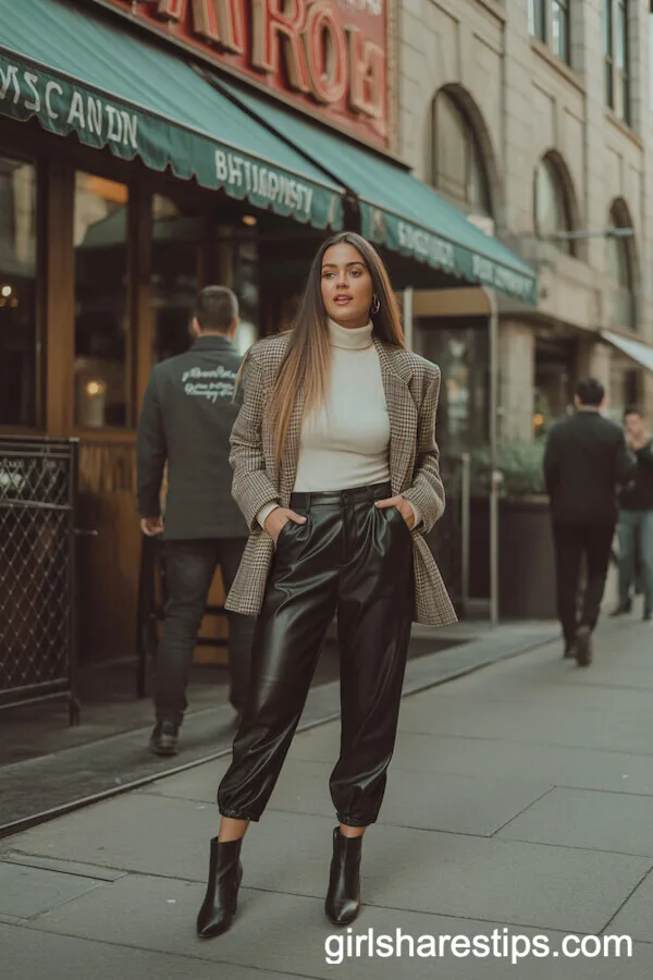 Faux Leather Pants and Plaid Blazer Contemporary Dinner Look