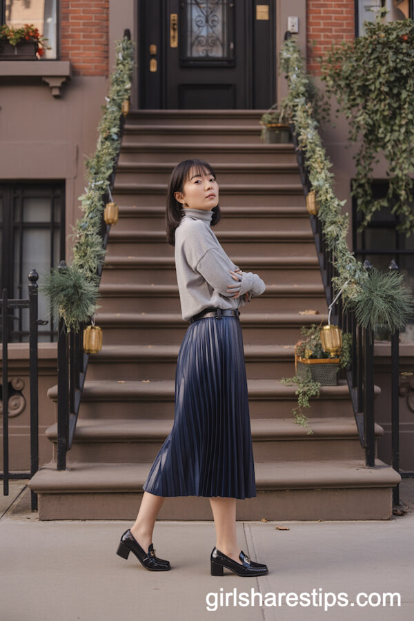 Navy Pleated Skirt Grey Turtleneck Autumn Dinner Style