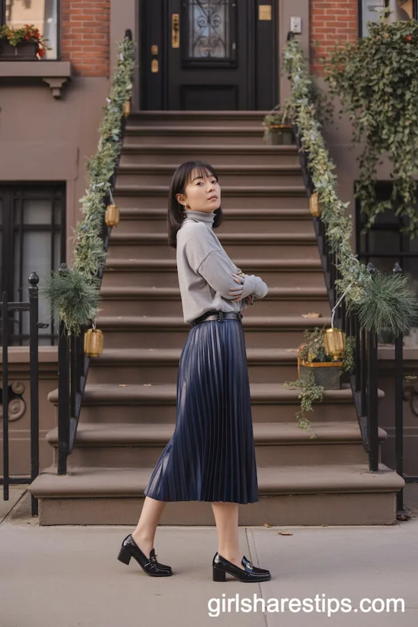 Navy Pleated Skirt Grey Turtleneck Autumn Dinner Style