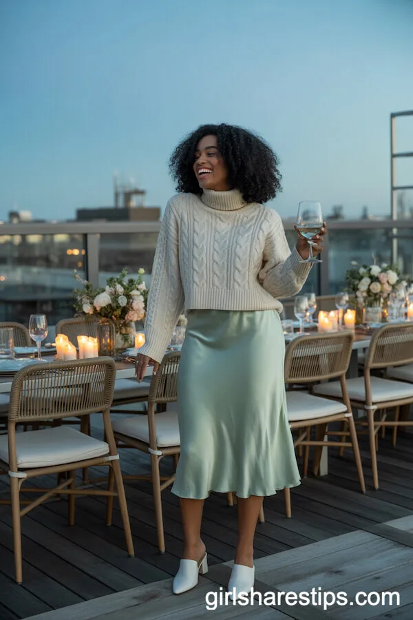 Mint Satin Skirt and Cream Sweater Rooftop Dinner Look