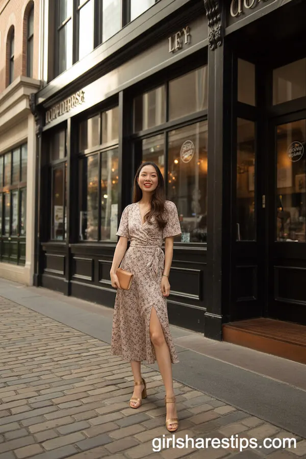 Floral Wrap Midi Dress Dinner Outfit Inspiration