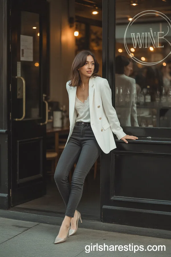 White Blazer, Lace Camisole, and Skinny Jeans Outfit Idea