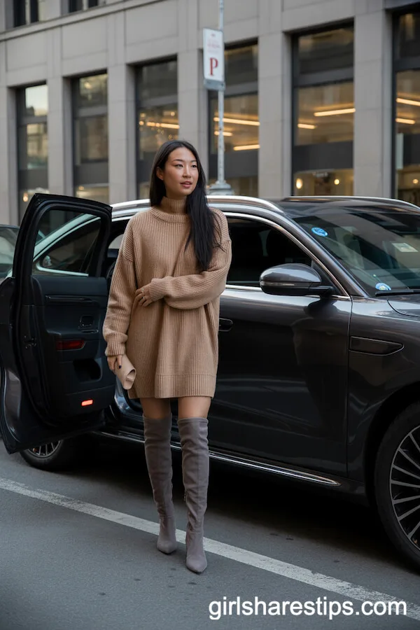 Camel Sweater Dress and Grey Over-the-Knee Boots Dinner Ensemble