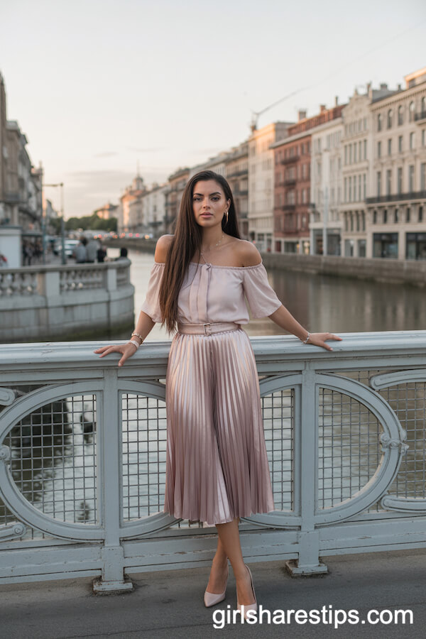 Pastel Off-the-Shoulder Blouse Pleated Midi Skirt