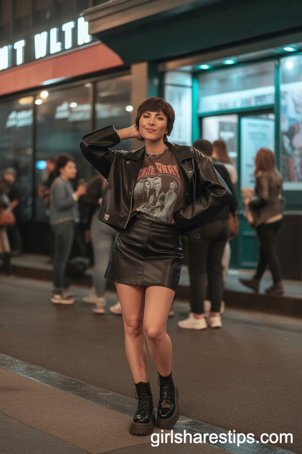 Black Leather Mini Skirt and Band Tee