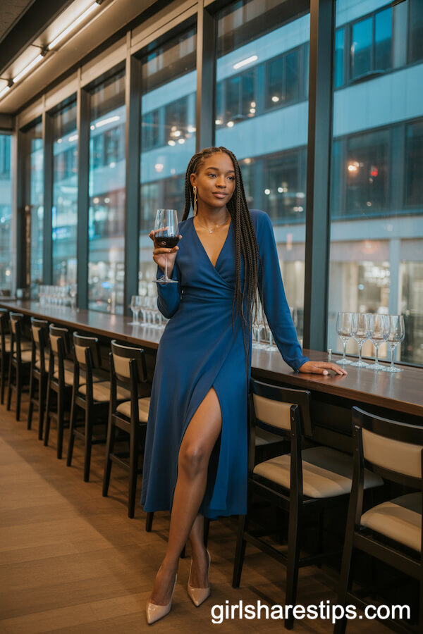 Deep Blue Wrap Dress Nude Heels