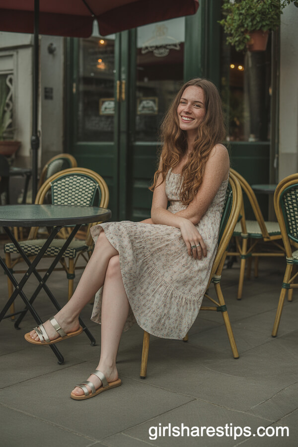 Floral Sundress and Sandals for a Relaxed Bistro Evening