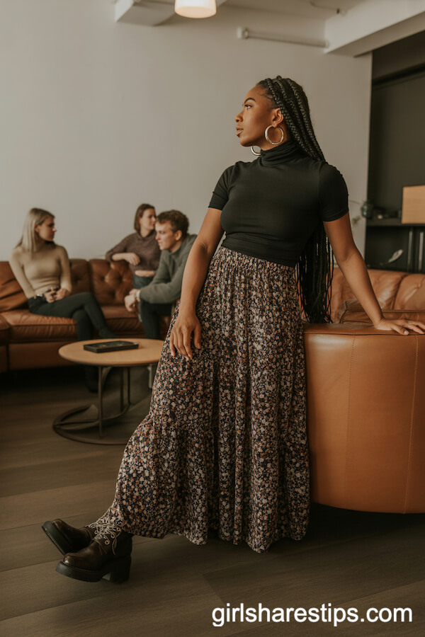 Flowy Boho Maxi Skirt and Black Turtleneck for a Cozy Lounge Gathering