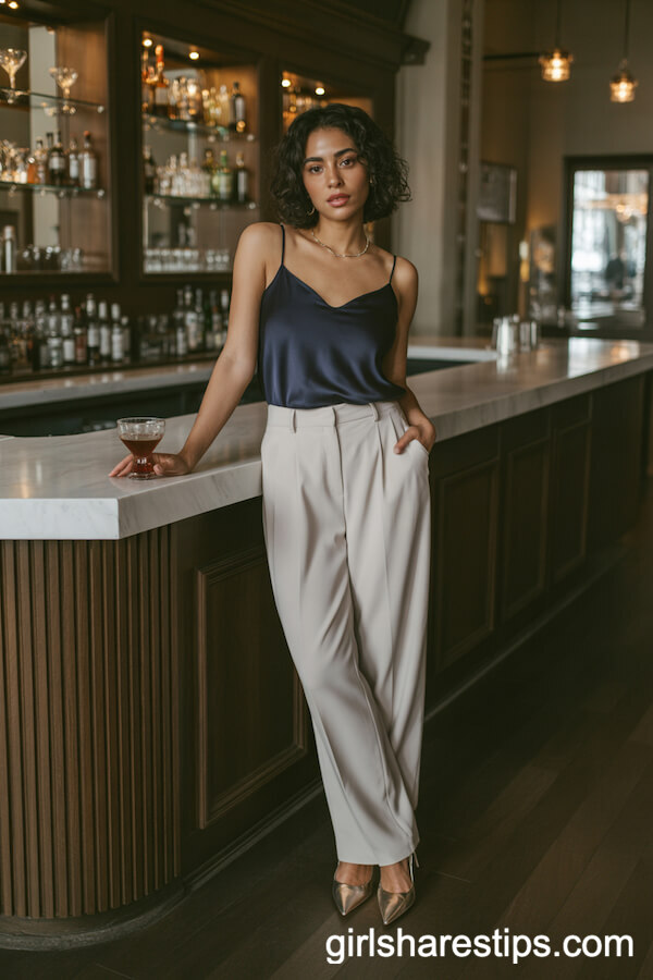 Navy Satin Cami and High-Waisted Cream Pants for Upscale Bar Chic
