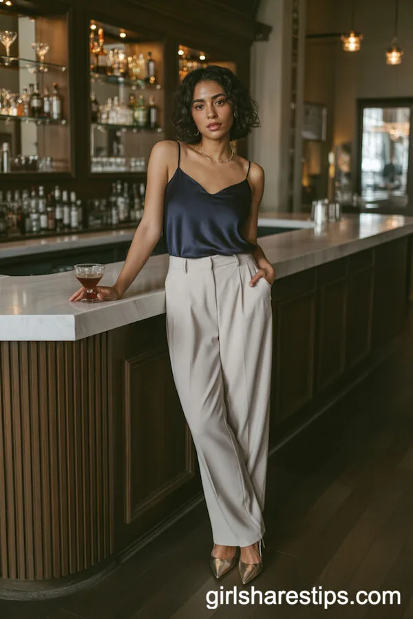 Navy Satin Cami and High-Waisted Cream Pants for Upscale Bar Chic