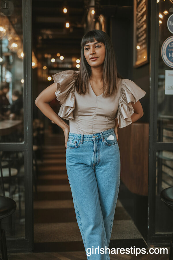 Ruffled Statement Blouse and High-Rise Jeans at a Trendy Speakeasy
