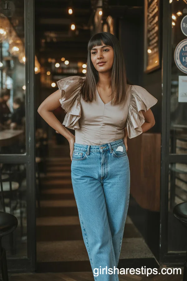 Ruffled Statement Blouse and High-Rise Jeans at a Trendy Speakeasy