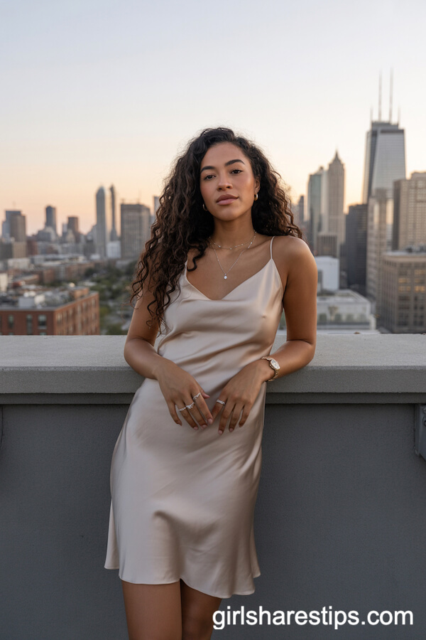 Champagne Satin Slip Dress with Delicate Jewelry for a Rooftop Night Out