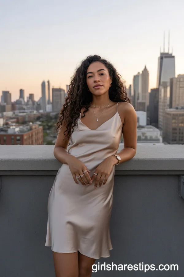 Champagne Satin Slip Dress with Delicate Jewelry for a Rooftop Night Out