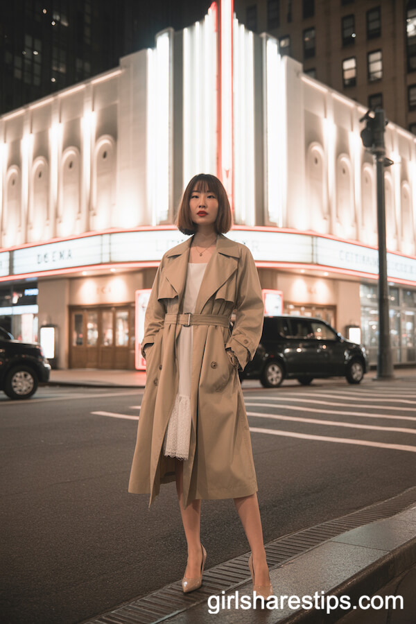 Belted Trench Coat Over White Dress